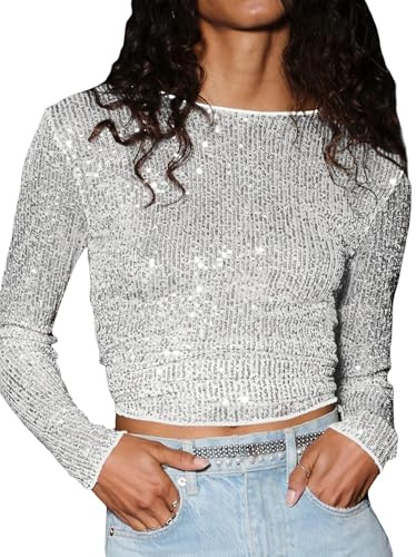 Damen Y2K Pailletten Langarm Top Sparkle Slim Bluse Glitzer Abend Party Disco Rave Konzert Shirts Clubwear, A-Silber, M