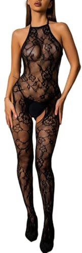 Gatamiau Women's Sexy Bodystocking Floral Lace See Through Mesh Teddy Underwear Halter Neck Cut OUt One Piece Slim Fit Jumpsuit Leotard Tights (Black, One Size)