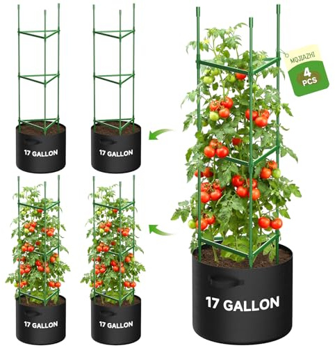 MQJIAZHI 4PCS Tomato Cage with Grow Bags, 51in Height Adjustable Tomato Trellis, Garden Trellis for Climbing Plants, Outdoor Plant Supports for Tomatoes, Beans, Peppers, Vegetables, Flowers