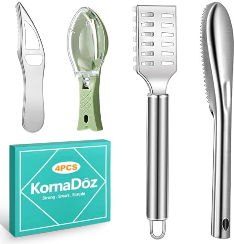 KornaDoz 4 Pieces 304 Stainless Steel Fish Scaler, Portable Sawtooth Tool for Kitchen and Seafood Markets (Food-Grade Fish Scale Remover)