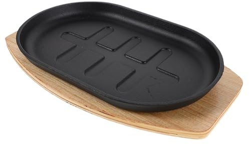 TOBBOMEY Sartén Plana de Hierro Fundido para Bistec 275X175X25 CM con Base de Madera Antiadherente Precurada para Barbacoa Cocina Casera y Catering Profesional