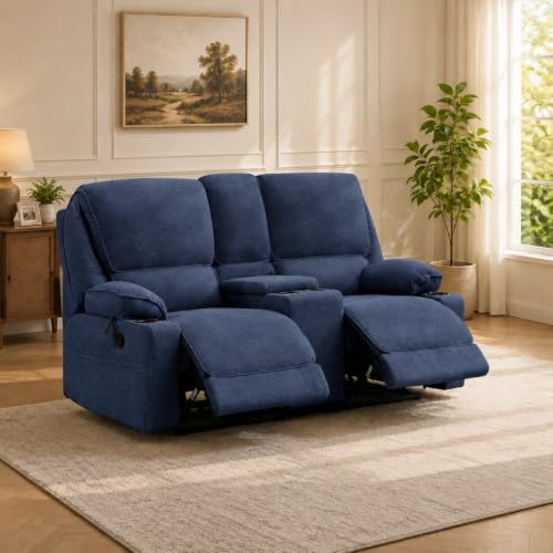 Anunweldo 2er Kinosessel Relaxsessel mit Liegefunktion, 2 Sitzer Fernsehsessel TV Sessel mit Konsole, 4 Getränkehalter Cupholder, zweisitzer Sofa für Wohnzimmer (Marineblau)