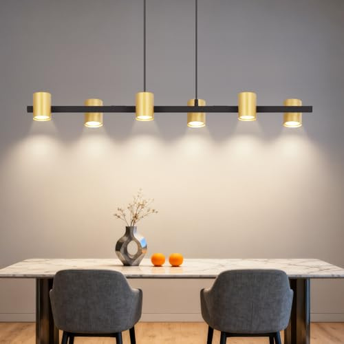 Kowanie Pendelleuchte esstisch Hängelampe 6 Flammig: Modern Esstischlampe hängend in Schwarz Gold GU10 Esszimmerlampe Metall Hängeleuchte Industrial für Küche Wohnzimmer Esszimmer- Ohne Leuchtmittel | in schwarz gold GU10 Esszimmerlampe lang Metall Pendelleuchte Industrial für Wohnzimmer Esszimmer - ohne Leuchtmittel