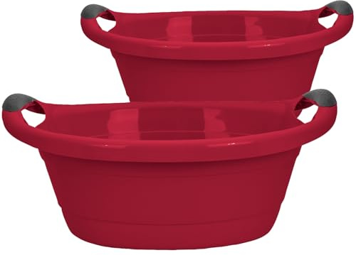 Livinja Wäschewanne 2er Set 15 Liter Wäschekorb Rot Made in EU - Platzsparende Wäschewanne mit Griffen Oval Kunststoff Haushalt 50x38x18cm