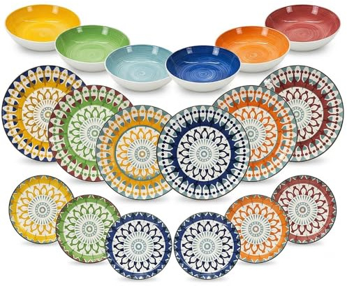 Servizio Piatti 18 Pezzi in Porcellana Set Tavola Completo per 6 Persone con Decori Mandala Colorati Include Piatti Piani 27cm Fondi 20cm e Frutta 19 cm, Uso Microonde e Lavastoviglie. MOSAICO