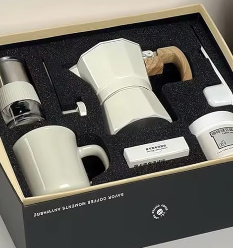 Decana 6-Cup Moka Pot Coffee Gift Set – 6-Piece Stovetop Espresso Maker with Manual Coffee Bean Grinder, Ceramic Mug, Storage Jar, Filters & Brush - Gift Box for Coffee Lovers