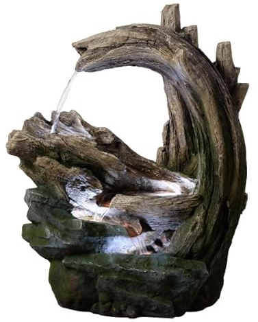 Teamson Home Gartenbrunnen 82 cm mit Waldstein- und Holzoptik, kaskadierender Wasserfluss und integrierter LED Beleuchtung, Grau
