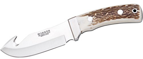 Joker Enthäutungsmesser OSO D CC55 mit Hirschhorngriff, 12 cm MOVA-Klinge, Gürtelmesser mit brauner Lederscheide, Werkzeug zum Angeln, Jagen, Camping und Wandern