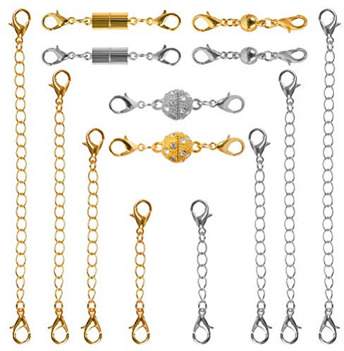 TIMESETL 14 Piezas Extensor de Collar Extensión de Cadena de Pulsera Extensor de Cadena Cierre de Langosta Magnético, Alargadores de Cadenas para Fabricación de Bisutería (Oro y Plata)