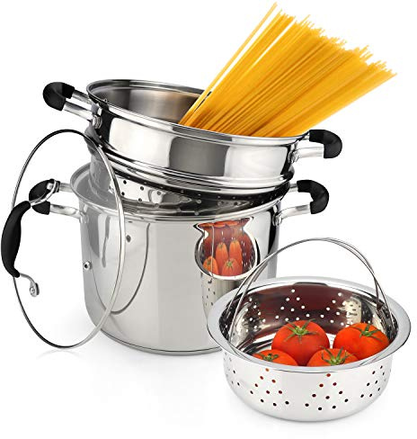 AVACRAFT 18/10 Edelstahl, 4-teiliges Pastatopf-Set mit Siebeinsatz, Suppentopf mit Dampfkorb und Pastatopf-Einsatz, Pasta-Kocher-Set mit Glasdeckel, 7 Quart