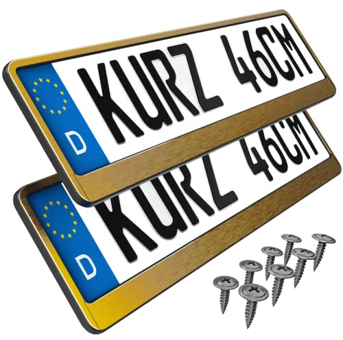 2 Kennzeichenhalter kurz 46 x 11cm Auto Nummernschildhalter Kurze Kennzeichenhalterung 460mm x 110mm Kurzer kennzeichenhalter (Gold Chrom gebürstet)