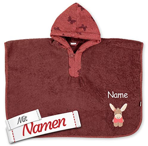 LALALO Sterntaler Bade Poncho Esel Emmily mit Namen bestickt, Badetuch, Mädchen Baby Kinder Badeponcho Babyhandtuch Kapuzenbadetuch personalisiert, Badehandtuch Rot