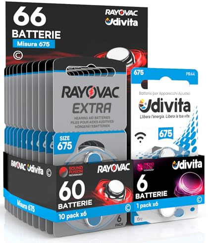 66 Piles Taille 675 pour Les Aides auditives PR44 (Blue - Zinc Air) avec la Technologie Phono Pulse pour amplificateur auditif - 66 Piles: 6 Udivita + 60 Rayovac