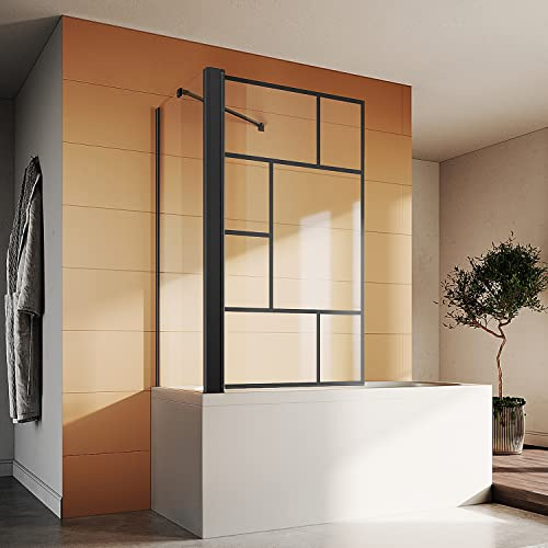 SONNI Badewannenaufsatz mit Seitenwand 80x140cm aus 6mm ESG mit Gitterdekor | Rahmenlose Kombination mit Seitenwand, Gitterdekor im Industrial-Look, schwarzes Aluminiumprofil, zuverlässiger Spritzschutz