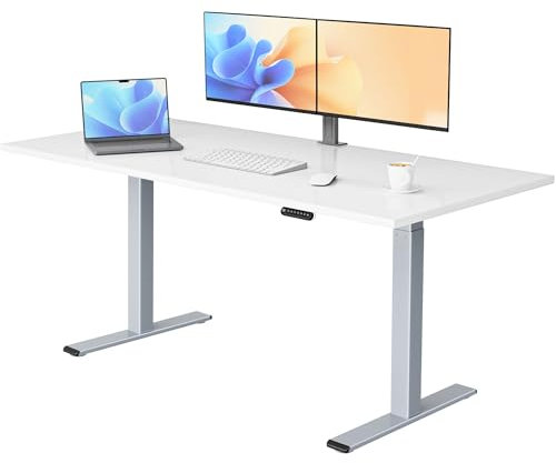 E.For.U® höhenverstellbarer Schreibtisch 180x80 cm, 2 Motoren, elektrisch höhenverstellbares Tischgestell mit 2-Fach-Teleskop, Memory-Steuerung (Silber), DT20L mit Tischplatte (Weiß)