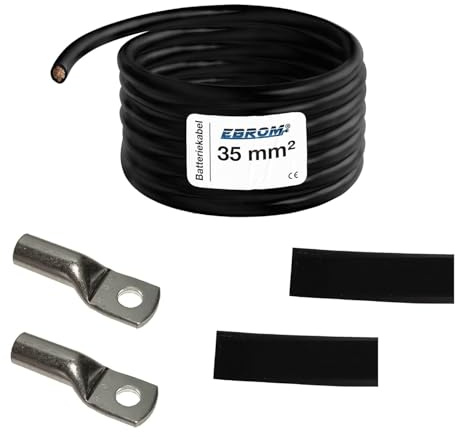 EBROM Cavo per batteria fai da te nero – 35 mm² da 30 cm a 10 metri, con occhielli ad anello capicorda M6/M8/M10/M12 combinabile, a scelta: cavo in rame pieno 35 mm2, 180 cm capicorda M6 + M8