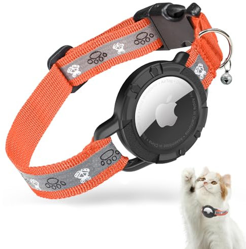AirTag Katzenhalsband, Reflektierend Air Tag Halsband Katze, GPS Katzenhalsband mit Verstellbares und Glocke, Integriertes Apple Air Tag Katzen Halsband, Geeignet Für Katzen Welpen[Orange][XS]