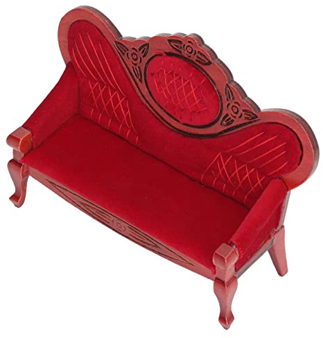1 : 12 Miniatur Puppenhaussofa Vintage Rot Holz Realistische Couch Möbel Craft Dekoration für Wohnzimmer