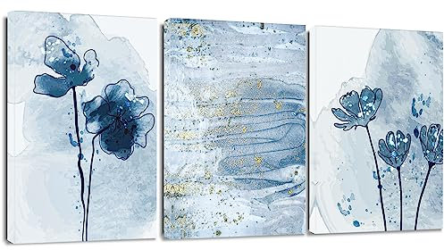 Artscope 3 Teilig Abstract Leinwandbilder mit Blaue und Goldene Aquarellmalerei Motiv Kunstdruck - Moderne Wandbild für Badezimmer Wohnzimmer Wanddekoration - 30 x 40 cm