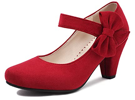 elerhythm Chaussures Mary Jane vintage pour femmes à talons avec nœud Gatsby années 1950 Escarpins bout fermé années 1920 bride de cheville victorienne faux daim chaussures, rouge, 41 EU