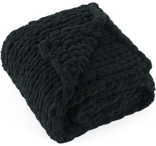 LONG CREATE Chunky Knit Throw Blanket 50X 60, 100% Handmade with Soft Chenille Yarn, 4.4lbs Thick Cable Knitted Blankets, Large Rope Knot Crochet Throws for Couch Sofa Bed Home Decor, Black