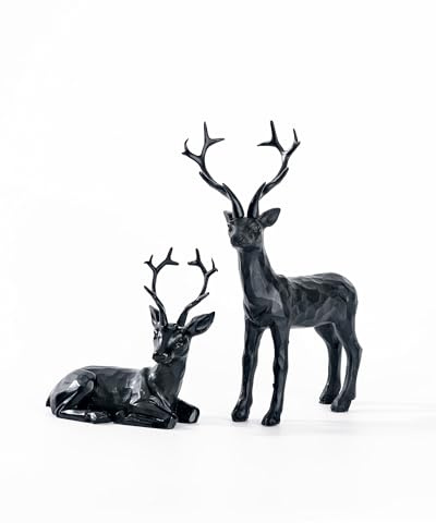 DN DECONATION 2PCS Black Reindeer Figurine Decoration, Small Christmas Resin Deer Statue Sculptures, Simple Black Deer Set for Indoor Home Decor Tabletop Offices Bedroom Living Room Shelf, Gifts