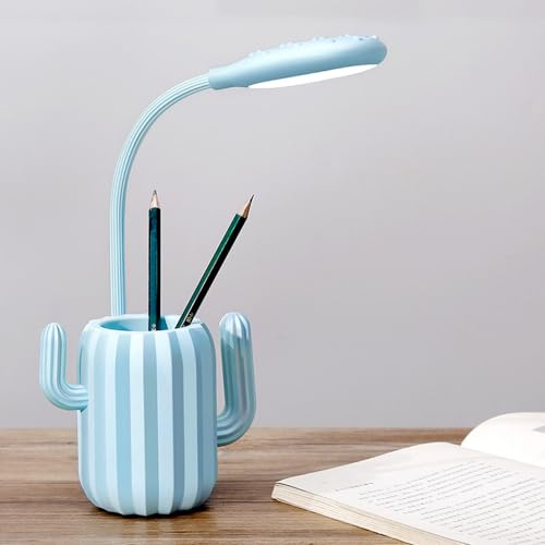 SEIWEI Lampe de bureau LED rechargeable – Lampe de table en forme de cactus mignon avec porte-stylo pour enfants, contrôle tactile, col de cygne, lampe de lecture (lumière blanche) bleu