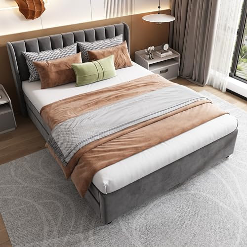 MQLAE Polsterbett 140 x 200 cm, Doppelbett Stauraumbett mit 2 Schublade, Bett mit Lattenrost, Rückenlehne Bett, Modern Bettgestell für Jugendliche & Erwachsene, Samt, Grau, ohne Matratze