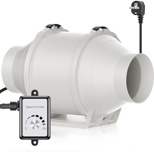 HG Power Ventilatore tubolare da 100 mm, regolabile, 366 m³/h, con regolatore di velocità, motore EC, 110-240 V, silenzioso, con spina europea, per cucina, bagno, garage