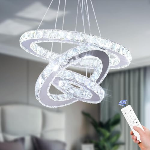 Cainjiazh LED Round Crystal Pendant Light Fitting 3 Ring Dimmable Chandelier with Remote Control Height Adjustable Hanging Light for Dining Room Living Room Bedroom Kitchen Island