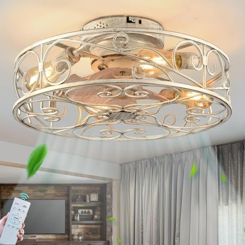 Deckenventilator mit Beleuchtung und Fernbedienung Retro E27 Ventilator Deckenleuchte Schlafzimmerlampe Vintage Fan Deckenlampe Metall Käfig deckenventilator mit Licht für Wohnzimmer Küche Esszimmer