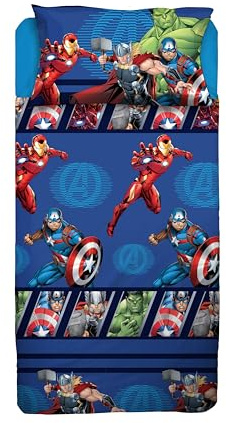 Avengers, Set Lenzuolo Letto Singolo, Completo Letto Singolo Disney, Lenzuolo Sopra, Lenzuolo Con Angoli, Federa, Blu, Marvel, Disney, 100% Cotone, Prodotto Ufficiale