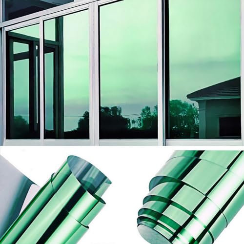 QOQIDUN One Way Window Film Heat Reflective Privacy Self Adhesive for Glass Windows, Anti Glare UV Sun Blocker Mirror Window Tint Film for Home and Office (Green-Silver, 60x200cm)