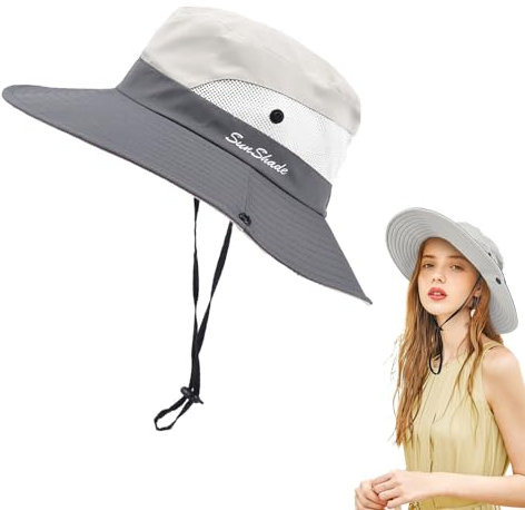 FUIPVGI Sonnenhut Damen, Faltbarer Sonnenhut UV Schutz mit Verstellbare Kinnband, Breite Krempe Mesh Strand mit Pferdeschwanzloch für Fischer, Wandern, Outdoor, Gartenarbeit, Reisen (Beige)