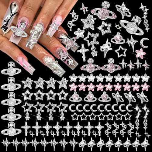 RODAKY 128 ciondoli per unghie in argento a forma di croce a stella per unghie 3D Saturno pianeta gioielli per unghie rosa strass gemme stile misto Y2K decorazione per unghie manicure design accessori