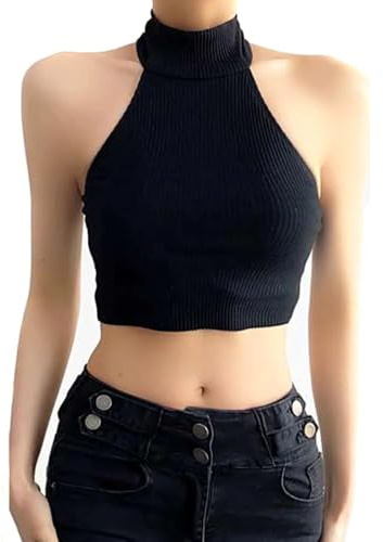 HSAJS Canotte Donna Estive Halter Collo Alto Tank Top Canotta Elegante Maglietta Crop Senza Maniche Abbigliamento Estivo Casual Magliette Cotone Costine T Shirt