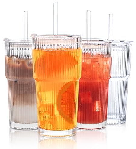 INSETLAN Vasos de vidrio acanalado de 20 onzas con tapas y popotes de vidrio, juego de cristalería de 4 piezas, pared gruesa, ideal para café helado, batidos, cócteles y jugos, vasos elegantes y