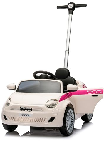 TURBO CHALLENGE - FIAT 500 E – Lauflernhilfe – 119501 – Freiräder – Weiß – max. 25 kg – Kunststoff – Batterien Nicht im Lieferumfang enthalten – Führungsstange – Spielzeug für Kinder – Geschenk –