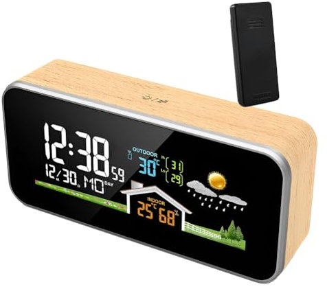 Weather Stations with Outdoor Sensor, Wireless Multifunction Digital Alarm Clock, Adjustable Brightness Backlight Home Forecast Station Calendar, for Home Garden Office