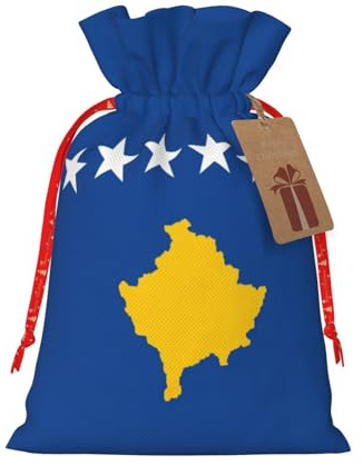 HJLUUFT Jutebeutel mit Flagge des Kosovo, Weihnachtsgeschenktüte mit Kordelzug und Geschenkanhänger, Hochzeit, Weihnachten, Partygeschenk