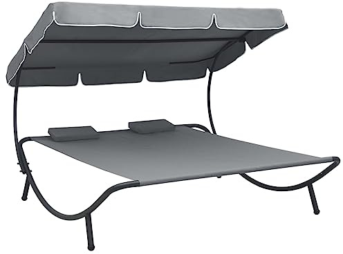 Myheimly Garten Sonnenliege mit Sonnendach Kissen Doppelliege Gartenliege Relaxliege Strandliege Liege Gartenmöbel 200x173x135cm Grau,mit Sonnendach