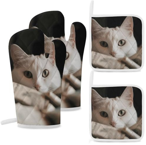 Set di 4 presine da forno e presine con stampa di gatti bianchi e pile di dollari, resistenti al calore, guanti da forno extra lunghi e cuscinetti caldi, guanti da cucina antiscivolo, in poliestere,