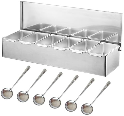 Tokenhigh Contenedor de ingredientes para pizza, accesorios de gastronomía de acero inoxidable, 4 rejillas, caja de especias, recipiente para guarnición y barbacoa con tapa