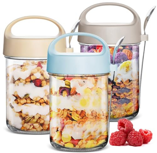 Iceten Reusable Breakfast Jars with Lid & Spoon Set, 3 Pack 430ml Leakproof Containers, Jar for Overnight Oats, Yogurt, Cereals, Pudding, and Fresh Fruit, Airtight Oatmeal Container