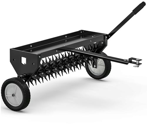YITAMOTOR 40 Tow Behind Spike Aerator, Durable Lawn Aerator for Soil Penetrator with Transport Wheels & Galvanized Plug Coring Tines & Universal Hitch Tow Bar & Side Control Handle for ATV,Black