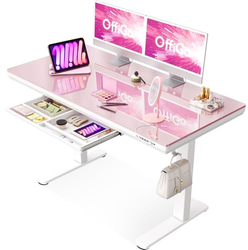 OffiGo Glas Höhenverstellbarer Schreibtisch, 120 x 60 cm Elektrischer Schreibtisch mit Schublade, Ganze Tischplatte mit USB und Type-C, Standing Desk, Steh-Sitz Glastisch für Home Office Büro, Rosa