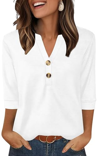Aokosor Womens 3/4 Sleeve Tops Ladies Blouse V Neck Tunic Long Sleeve T Shirts Curved Hem Office Wear White Top Size 14-16 for UK