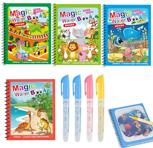 4 Stück Wiederverwendbar Magic Water Coloring Book, Malbuch mit Wasserstift Wasserzauber, Wassermalbuch mit Wasserstift, für Jahre alte Malbuch Wasser Jahren zum Zeichnen
