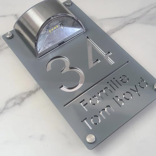Plaque de numéro de maison solaire LED personnalisée, panneau de porte extérieur en acrylique 3D, panneau solaire personnalisé pour numéro de maison extérieur (gris (texte argent))