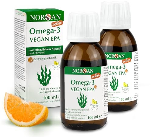 NORSAN VEGAN EPA Algenöl - 2.000 mg Omega 3 Öl hochdosiert - 2x 100ml vegan | pflanzliches Omega-3 Öl mit 1.104 mg EPA und 770 mg DHA pro Portion - mit Vitamin D3 (800 I.E) - mit Orangengeschmack